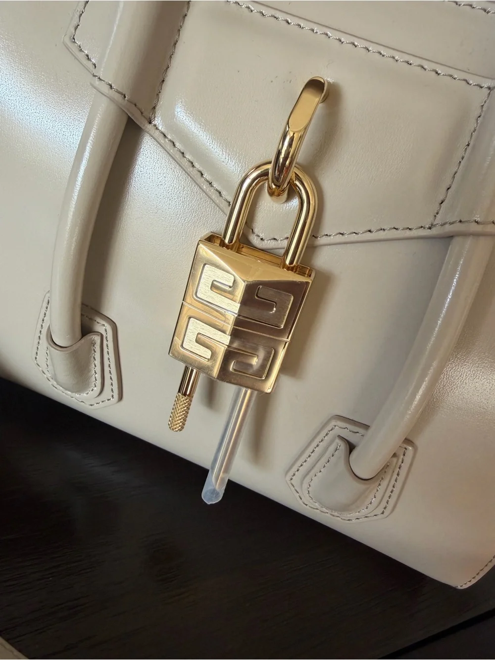 Givenchy Beige Patent Antigona Satchel with Gold Hardware